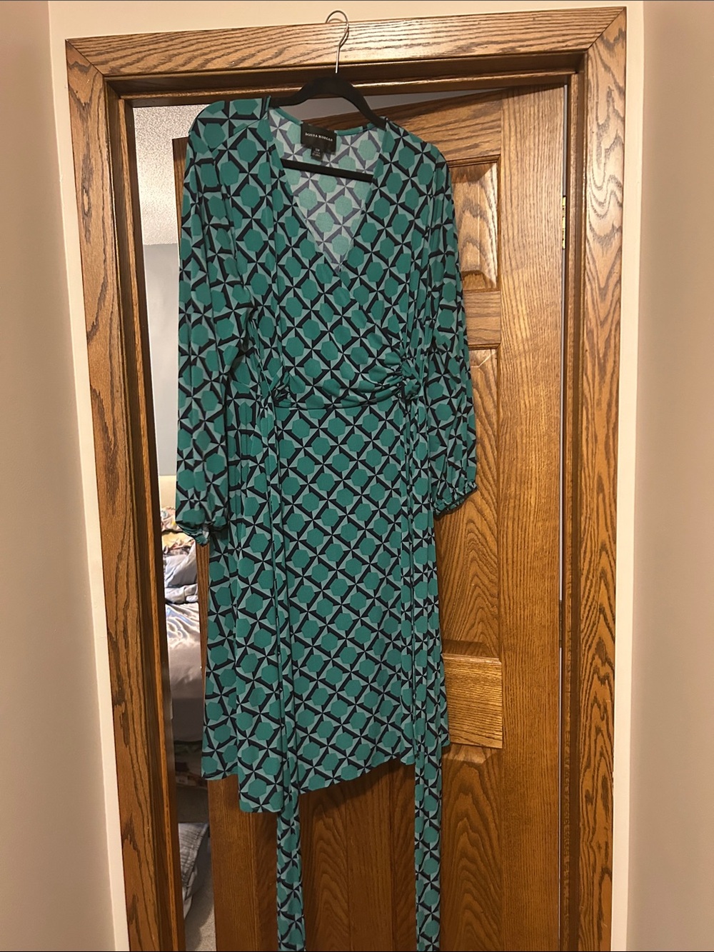 Donna Morgan Teal and Black Geometric Wrap Dress - Long Sleeve